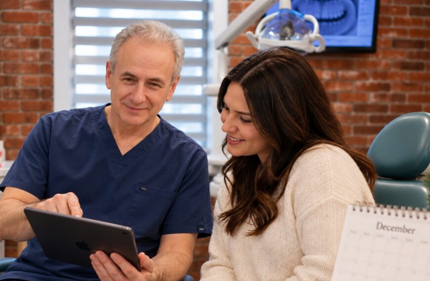 Dentist reviews a treatment plan with a patient before year-end dental insurance benefits expire in Brookline, MA.