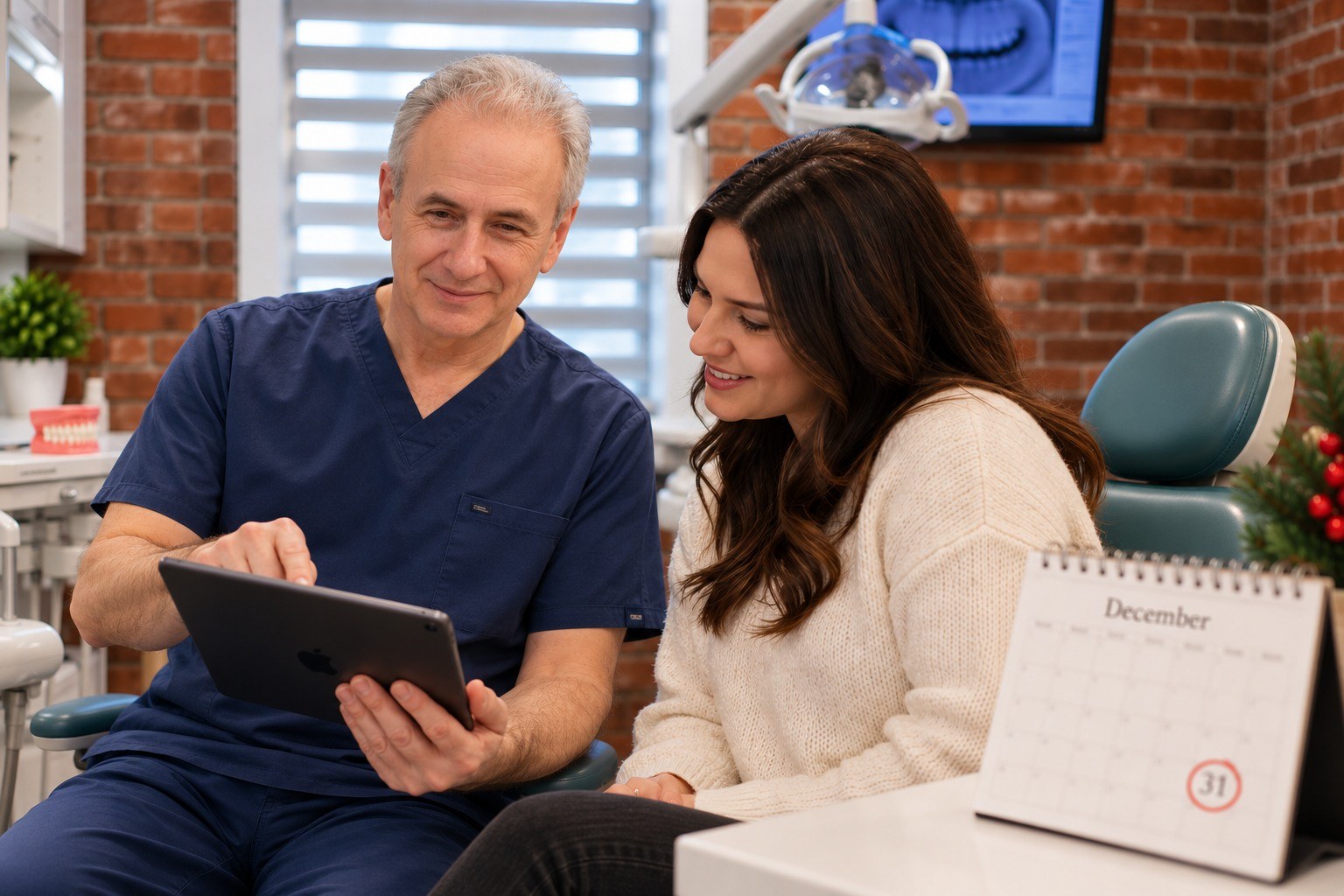 Dentist reviews a treatment plan with a patient before year-end dental insurance benefits expire in Brookline, MA.
